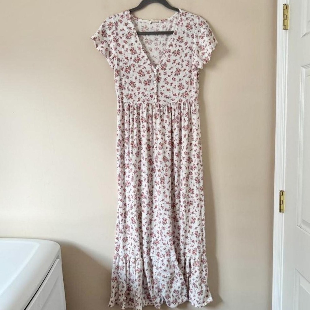 Pink white ditsy floral dress nightgown prairie cotton blend henley